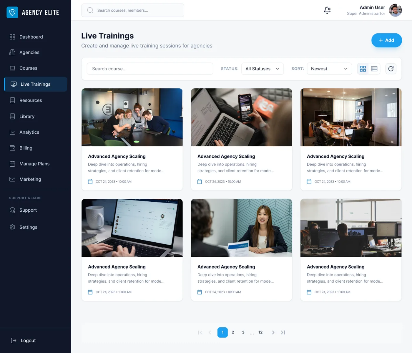 Schedule and manage live training sessions for agencies — track attendance and engagement